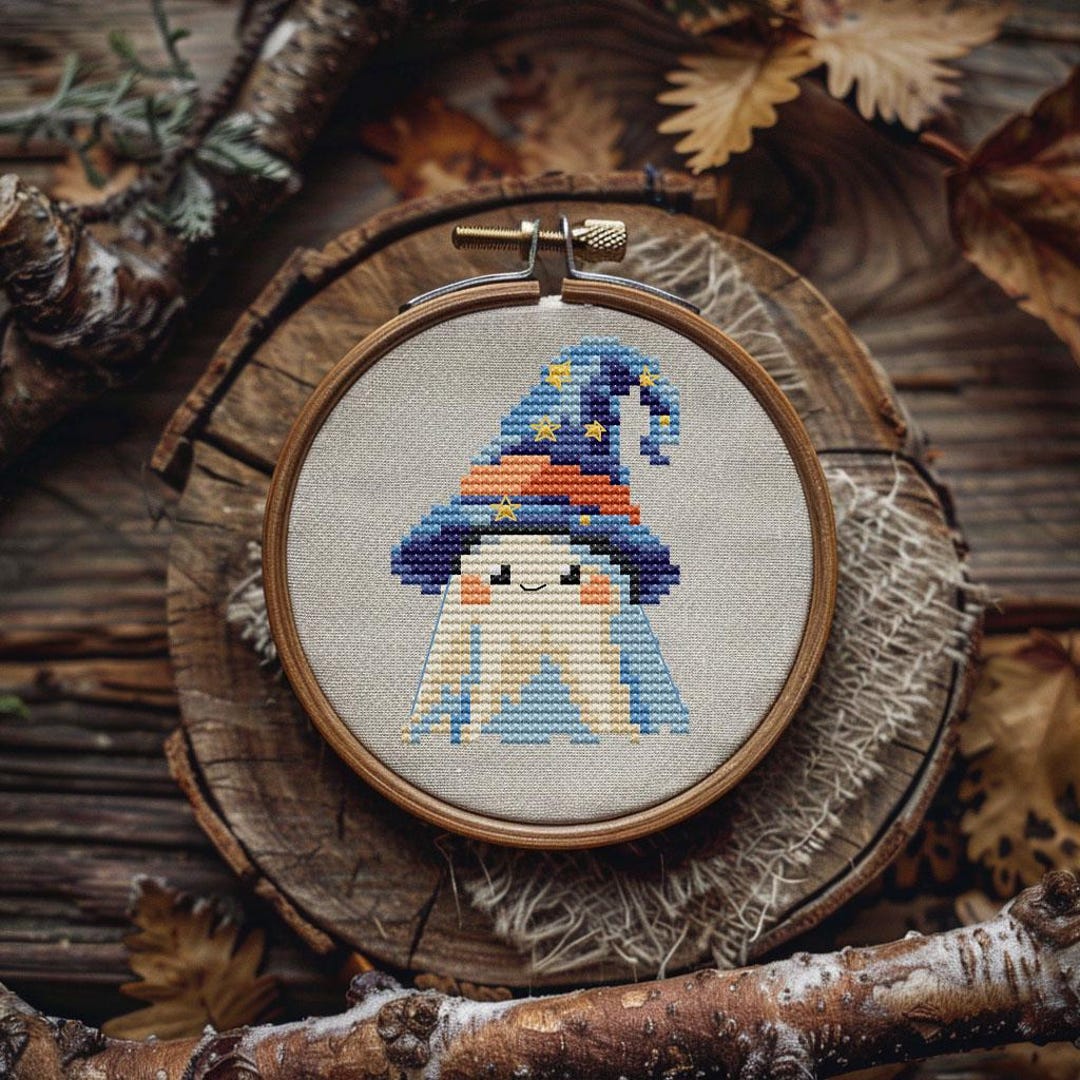 Cute Ghost Cross Stitch Pattern – Halloween Wizard Hat Embroidery PDF ...