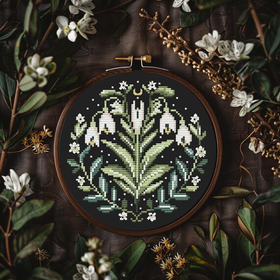 Snowdrops Cross Stitch Pattern – Primitive Style Floral Design on Black, Spring Nature Embroidery PDF - digital download CS39