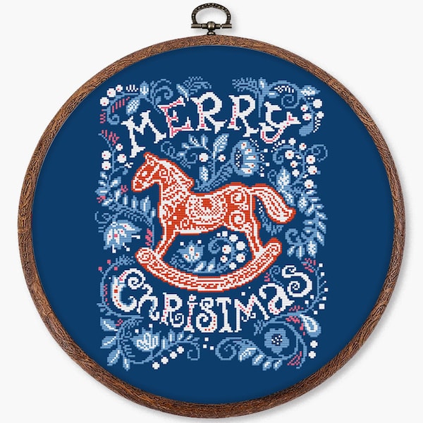 Christmas rocking horse cross stitch pattern PDF - winter embroidery nordic holiday decor merry christmas ornament - digital download CS119