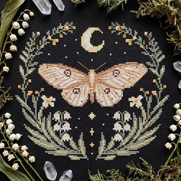 Moth and lilies of the valley cross stitch pattern PDF - digital download - insect moon flower witch needlework simple counted modern CS11
