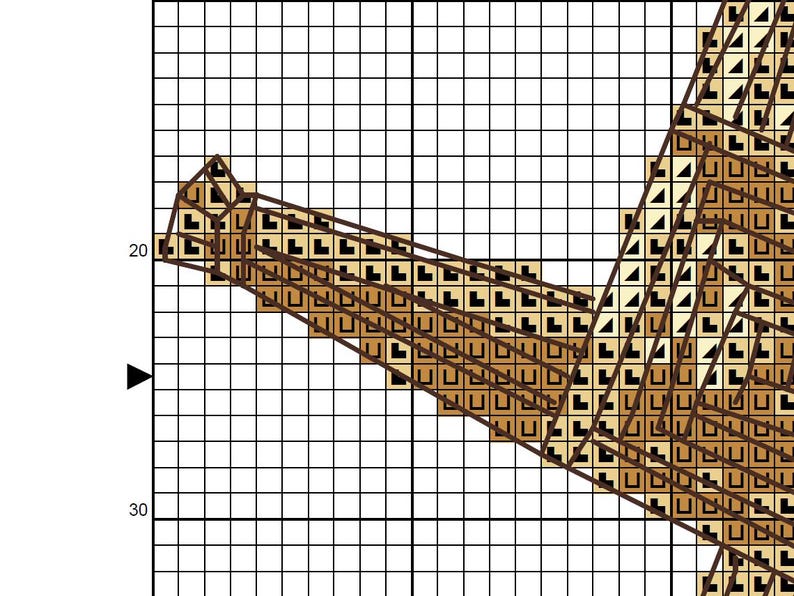 Puede incluir: Un patr&oacute;n de punto de cruz con un dise&ntilde;o geom&eacute;trico en tonos marrones y beige. El patr&oacute;n se establece sobre un fondo de cuadr&iacute;cula, con el dise&ntilde;o ocupando una parte significativa de la imagen.