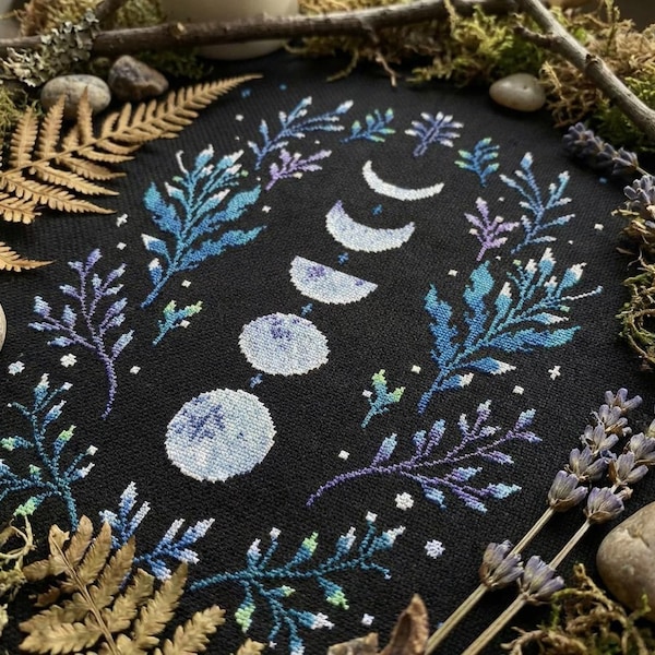 Winter witch cross stitch pattern PDF - moon phases astronomy forest decor black background mother nature night - digital download CS118