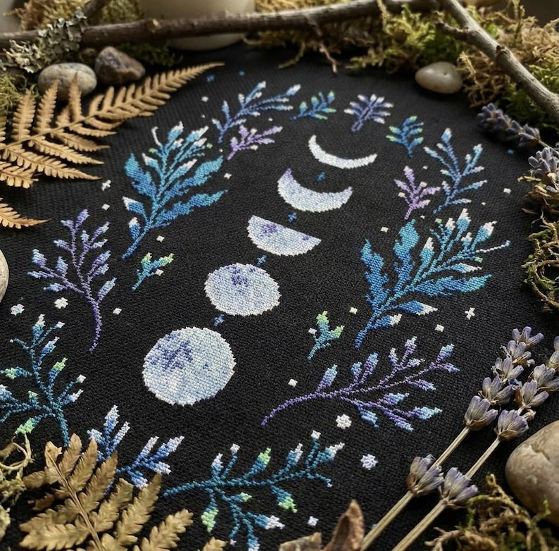 Winter witch cross stitch pattern PDF - moon phases astronomy forest decor black background mother nature night - digital download CS118 image 1