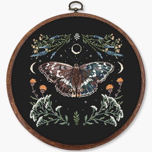 Witchy butterfly cross stitch pattern PDF - digital download - witchcraft mystical witchy insect flower floral moon night thistle CS43