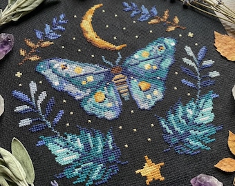 Floral moth cross stitch pattern PDF - crescent moon dark academia goth aesthetic insect modern simple witchy butterfly CS5