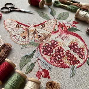 May include: A cross-stitch design depicting a moth and a pomegranate. The moth has tan and brown wings with red details. The pomegranate is red with green leaves. Spools of thread and scissors are visible in the background.