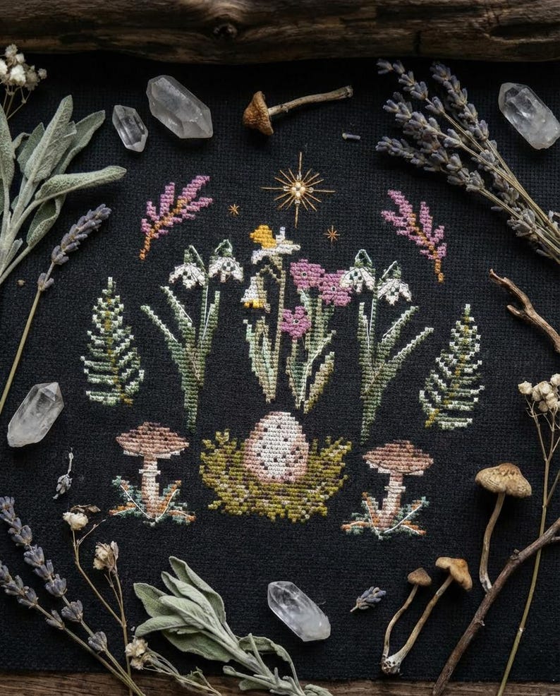 Puede incluir: Un dise&ntilde;o de punto de cruz sobre tela negra con un arreglo floral central con flores blancas, rosas y amarillas. El dise&ntilde;o incluye setas, un huevo en un nido y ramitas de lavanda y salvia. Cristales de cuarzo transparente y setas secas rodean el dise&ntilde;o.