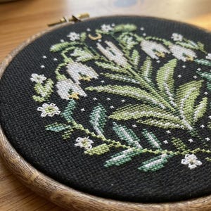 Snowdrops Cross Stitch Pattern – Primitive Style Floral Design on Black, Spring Nature Embroidery PDF - digital download CS39 image 5