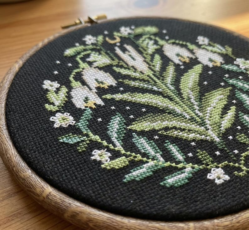 Snowdrops Cross Stitch Pattern – Primitive Style Floral Design on Black, Spring Nature Embroidery PDF - digital download CS39 image 5