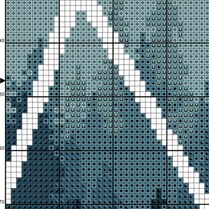 May include: A cross stitch pattern featuring a blue and white abstract design. The pattern is made up of small squares, each with a different shade of blue or white.
