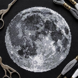 Moon cross stitch pattern PDF - modern space embroidery planet full moon witchy galaxy sky science night - digital download CS84