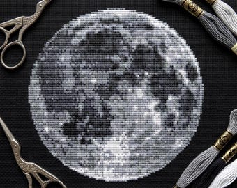 Moon cross stitch pattern PDF - modern space embroidery planet full moon witchy galaxy sky science night - digital download CS84