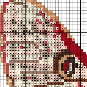 May include: A cross-stitch pattern with a detailed design of geometric shapes and symbols. The colour palette includes shades of brown, beige, and red, creating a textured appearance. The pattern is set against a grid background.