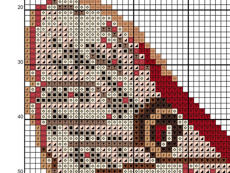 May include: A cross-stitch pattern with a detailed design of geometric shapes and symbols. The colour palette includes shades of brown, beige, and red, creating a textured appearance. The pattern is set against a grid background.