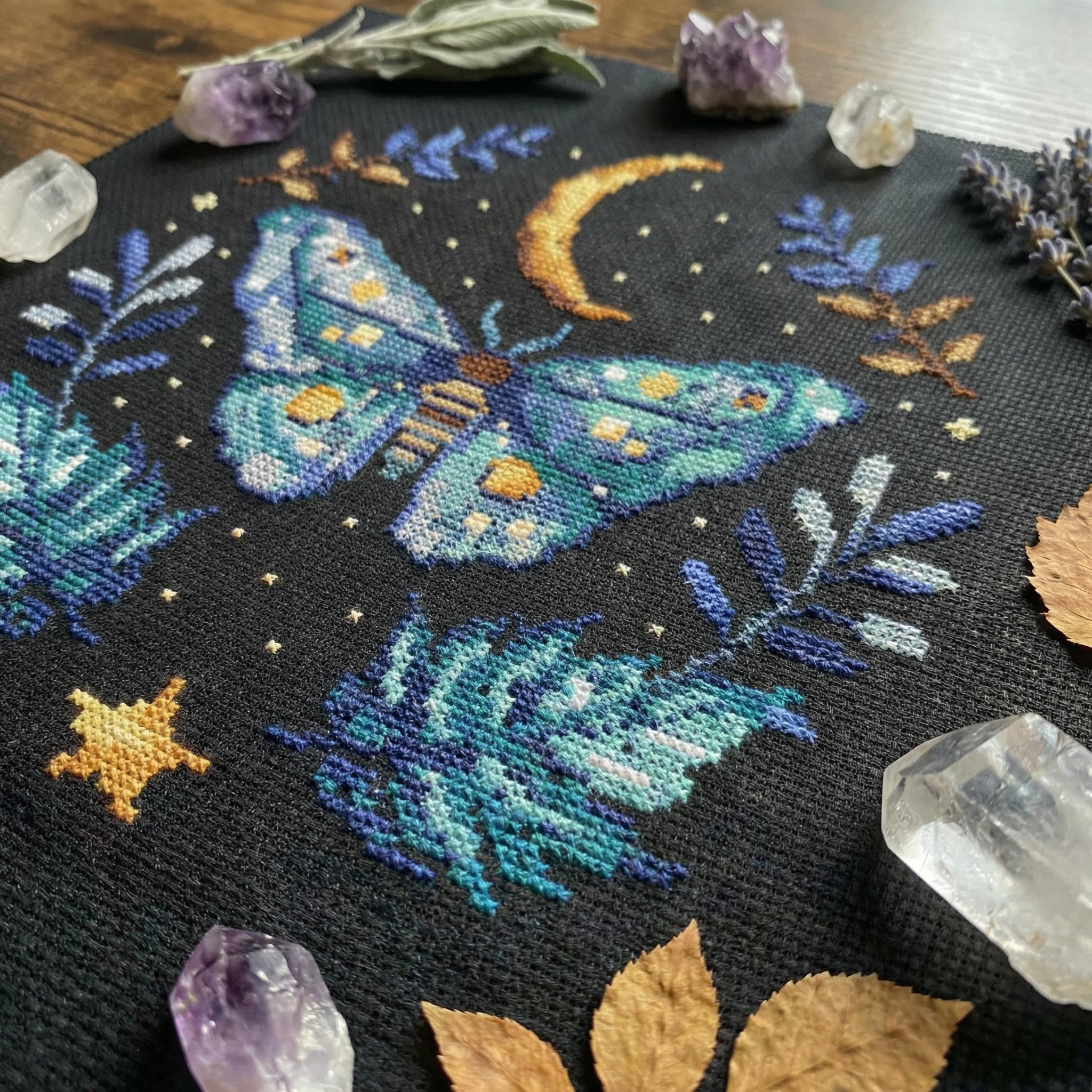 Witchy Insect Pattern Floral Moth Cross Stitch Pattern PDF - Crescent Moon Dark Academia Goth ...