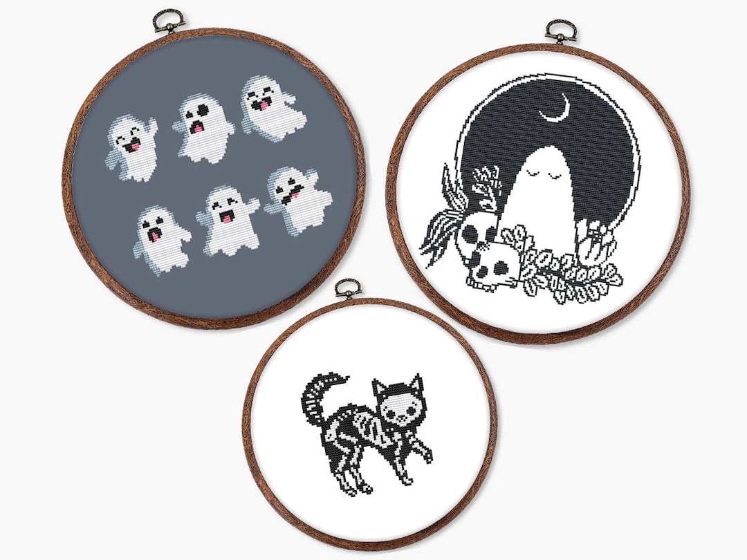 Black Halloween Cross Stitch Pattern PDF Ghost Cat Skeleton Cute Mini ...