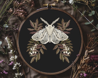 White moth cross stitch pattern PDF - insect modern butterfly gothic witch night floral witchcraft mystical forest - digital download CS172