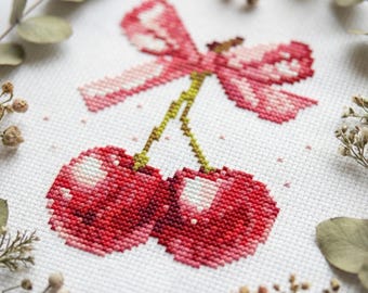Cherry bow cross stitch pattern PDF - coquette aesthetic female small  berry modern summer simple CS18