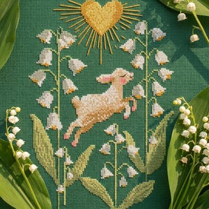 Lamb and Sacred Heart Cross Stitch Pattern – Folk Christian Embroidery – Floral Religious PDF – Vintage Style Chart CS93