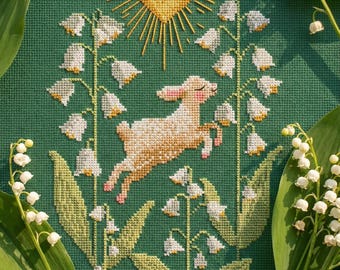 Lamb and Sacred Heart Cross Stitch Pattern – Folk Christian Embroidery – Floral Religious PDF – Vintage Style Chart CS93