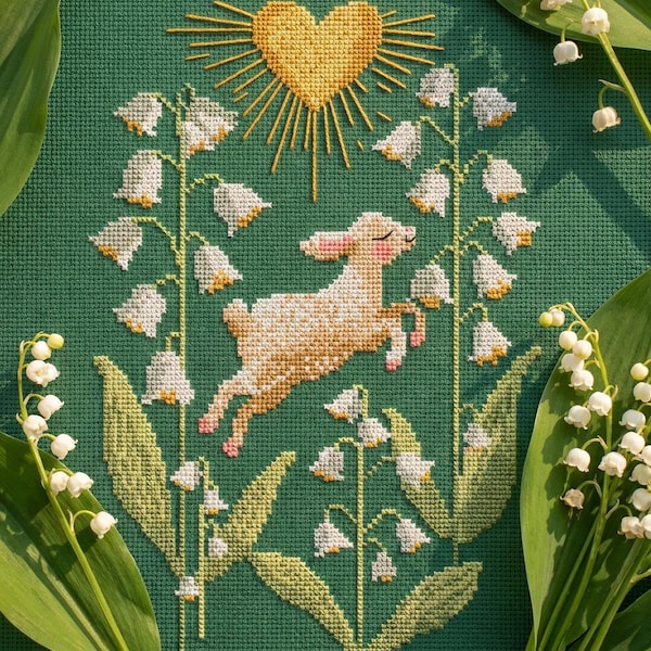 Patrón de punto de cruz de Cordero y Sagrado Corazón – Bordado cristiano popular – PDF floral religioso – Gráfico de estilo vintage CS93