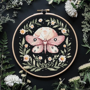 Pastel pink moth cross stitch pattern PDF - moth butterfly insect witch forest nature wiccan embroidery gothic - digital download CS149