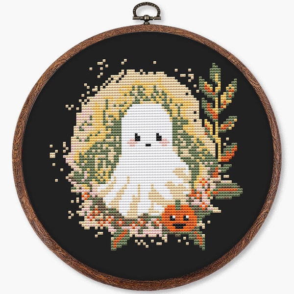 Autumn ghost cross stitch pattern PDF - boo gifts for halloween funny small fall simple cute spooky - digital download CS174