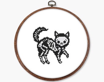 Skeleton cross stitch pattern PDF - digital download – easy Halloween cat decor gothic modern spooky embroidery CS46