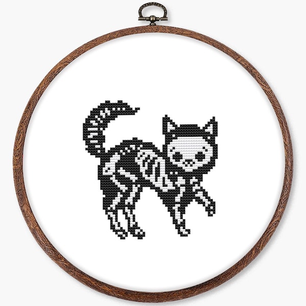 Skeleton cross stitch pattern PDF - digital download – easy Halloween cat decor gothic modern spooky embroidery CS46