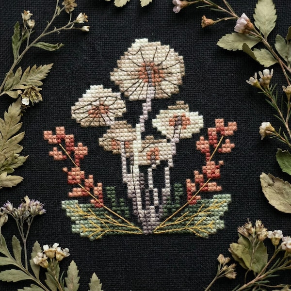 Hexen Pilze Kreuzstich Muster - Herbst Fliegenpilze Stickerei Stickmuster zum Sticken
