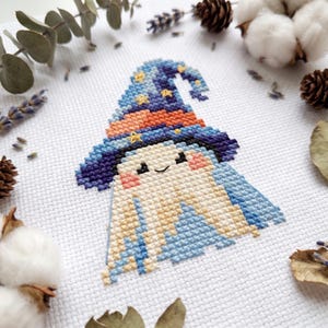 Cute Ghost Cross Stitch Pattern – Halloween Wizard Hat Embroidery PDF, Spooky Primitive Sampler, Witchy Autumn Needlework CS87