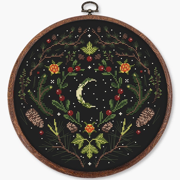 Autumn witch cross stitch pattern PDF - fall witchcraft wiccan green witch cottage forest witch woodland black - digital download CS171