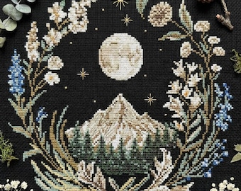Mountain Moon Cross Stitch Pattern PDF, Witchy Landscape Embroidery, Full Moon Nature Design, Forest Night Scene, Dark Academia Decor CS119