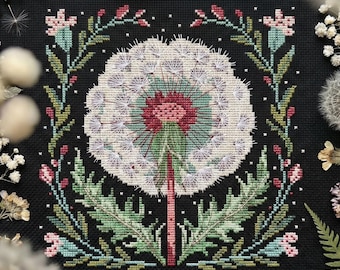 Dandelion Cross Stitch Pattern PDF, Witchy Botanical Embroidery, Dark Floral Design, Cottagecore Gothic Decor, Nature Witch Pattern CS115