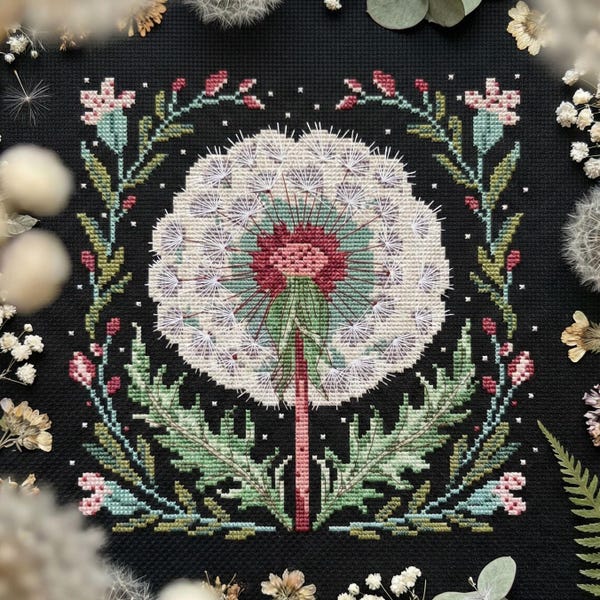 Dandelion Cross Stitch Pattern PDF, Witchy Botanical Embroidery, Dark Floral Design, Cottagecore Gothic Decor, Nature Witch Pattern CS115