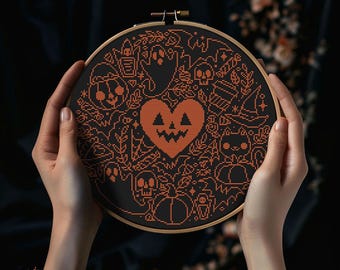 Halloween Kreuzstich Stickmuster PDF - gruseliger Herbst Kürbis Stickbild Herbst Kürbis dekorativ Wanddekoration - digitaler Download CS83