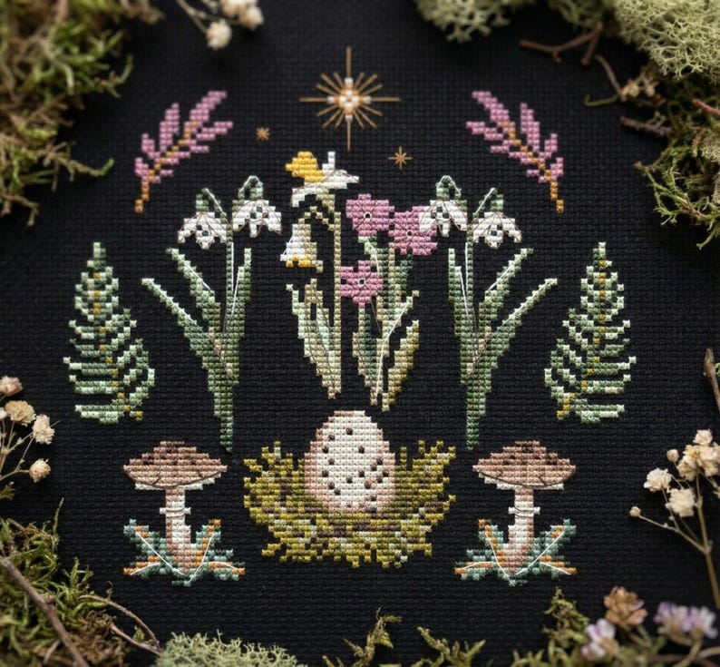 Puede incluir: Dise&ntilde;o de punto de cruz con tem&aacute;tica floral y de bosque. El dise&ntilde;o incluye flores blancas y rosas, setas y un huevo en un nido, todo sobre un fondo negro. El dise&ntilde;o est&aacute; enmarcado por musgo y flores secas.
