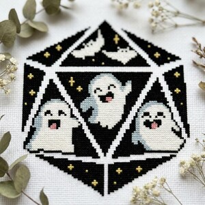 Halloween nerdy dnd gifts cross stitch pattern PDF - d20 dice cute ghost fall fantasy funny modern simple - digital download CS180
