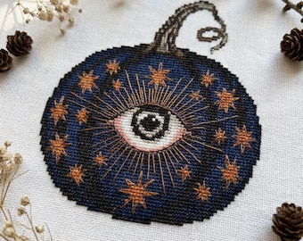 Evil Eye Pumpkin Cross Stitch Pattern PDF, Witchy Gothic Halloween Embroidery Chart, Celestial Spooky Decor, Instant Download CS132