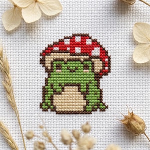 Puede incluir: Diseño de punto de cruz de una rana verde con una gorra de hongo roja y blanca. La rana está sobre un fondo de tela blanca, con flores secas y espigas de trigo en las esquinas.