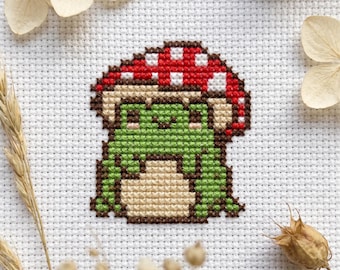 Mushroom frog cross stitch pattern PDF - kawaii funny easy tiny frog lover gift small autumn goblincore cute - digital download CS162