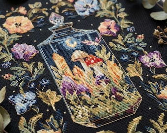 Witchy Apothecary Cross Stitch Pattern PDF, Crystal Bottle, Enchanted Garden Design, Floral Gothic Art, Mystical Nature Pattern CS121