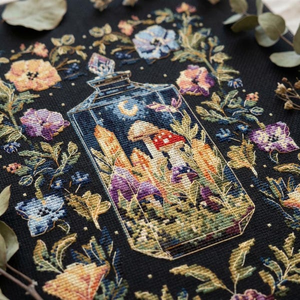 Witchy Apothecary Cross Stitch Pattern PDF, Crystal Bottle, Enchanted Garden Design, Floral Gothic Art, Mystical Nature Pattern CS121
