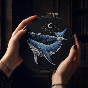 Patrón de punto de cruz con decoración de ballenas en PDF - Bordado moderno de ballenas marinas y oceánicas, regalo de ballenas para guardería, diseño náutico marino DMC - Descarga digital CS117