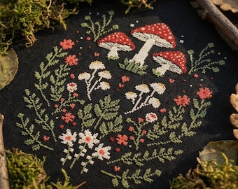 Mushroom sampler cross stitch pattern PDF - floral witchy simple modern dark cottagecore fall forest easy gothic - digital download CS20