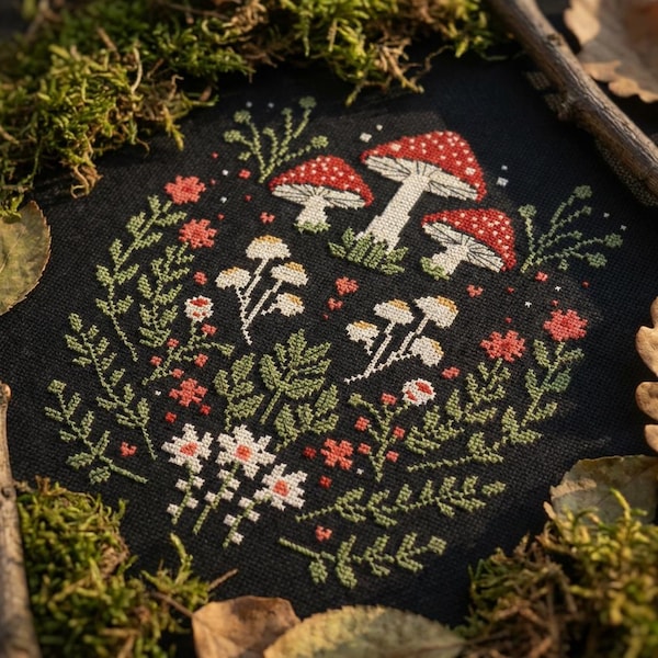 Pilz Sampler Kreuzstichmuster PDF - floral witchy einfach modern dunkel Cottagecore Herbst Wald einfach gothic - digitaler Download CS20