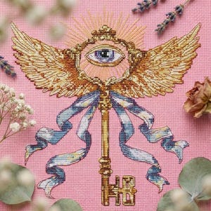 May include: Cross-stitch design featuring a golden key with an eye in a decorative frame, adorned with wings and blue ribbons, set against a pink background. The key's design includes intricate details and a sunburst halo, creating a mystical aesthetic.