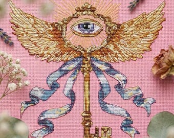 All Seeing Eye Cross Stitch Pattern PDF, Celestial Key Embroidery, Occult Gothic Design, Winged Key Art, Mystical Symbol Pattern CS116