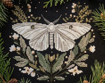 White moth cross stitch pattern PDF - insect modern butterfly gothic witch night floral witchcraft mystical forest - digital download CS172