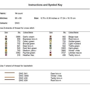Puede incluir: Instrucciones y clave de s&iacute;mbolos para punto de cruz. Incluye el recuento de la tela, las dimensiones de la puntada y los nombres de los colores con sus s&iacute;mbolos. Tama&ntilde;o: 17,24 x 16,15 cm. Utiliza hilo DMC.